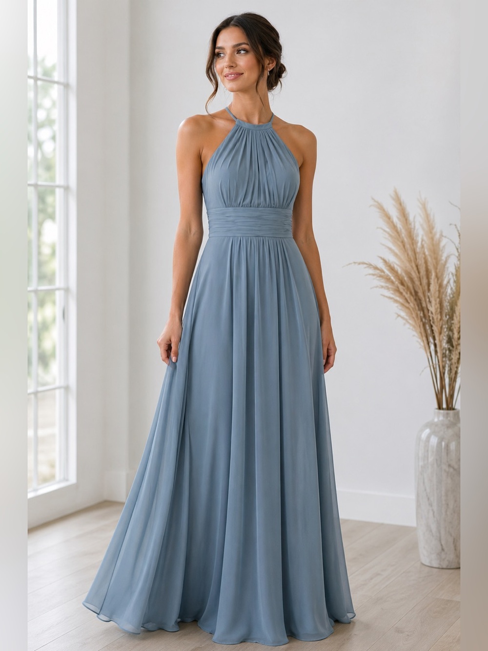 Dessy Collection Halter Chiffon Maxi Gown Prom Homecoming  Gala Blue Formal 8